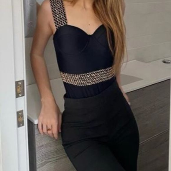 Sz L LUXURY One-Piece Black Bathing Suit Pushup Gold Detail Elegant - Picture 13 of 16